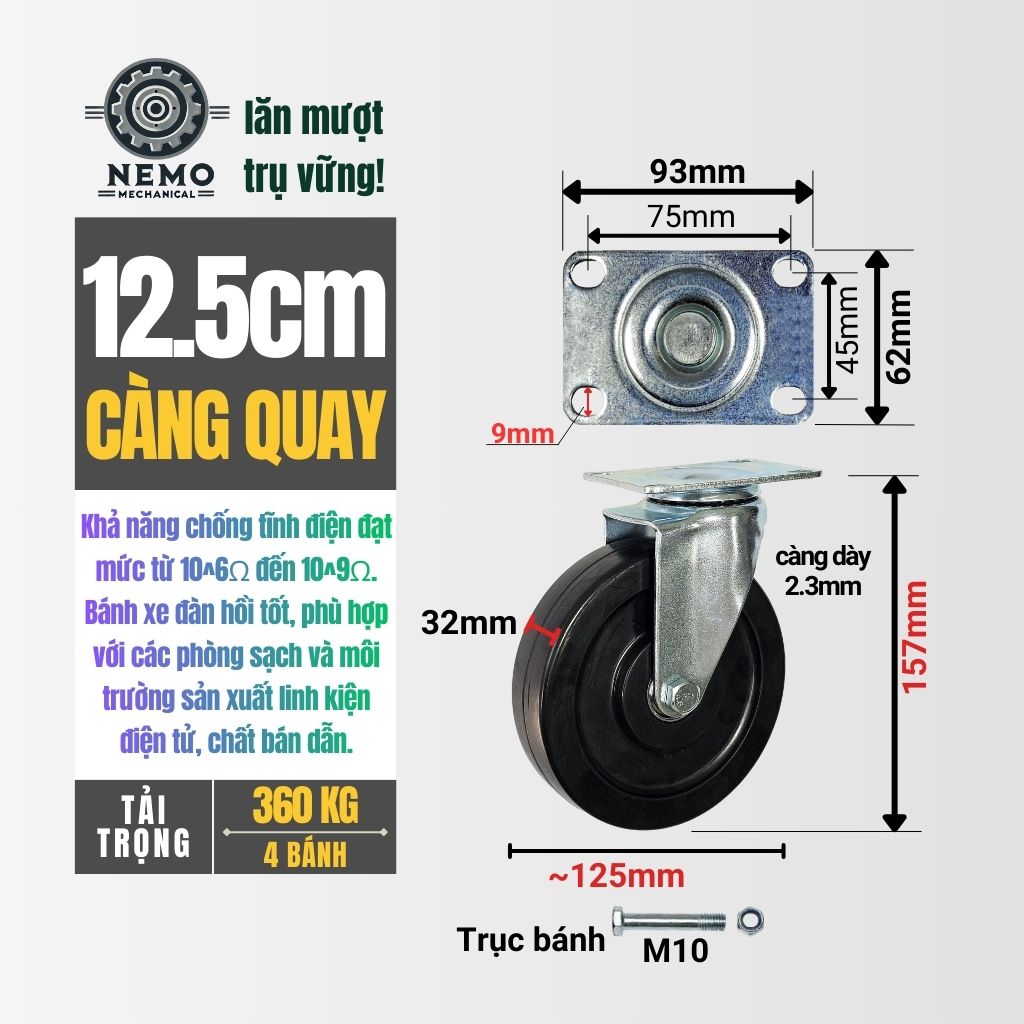 Bánh Xe Chống Tĩnh Điện ESD – Chuyên Dụng Phòng Sạch & Linh Kiện Điện Tử (D75, D100, D125)